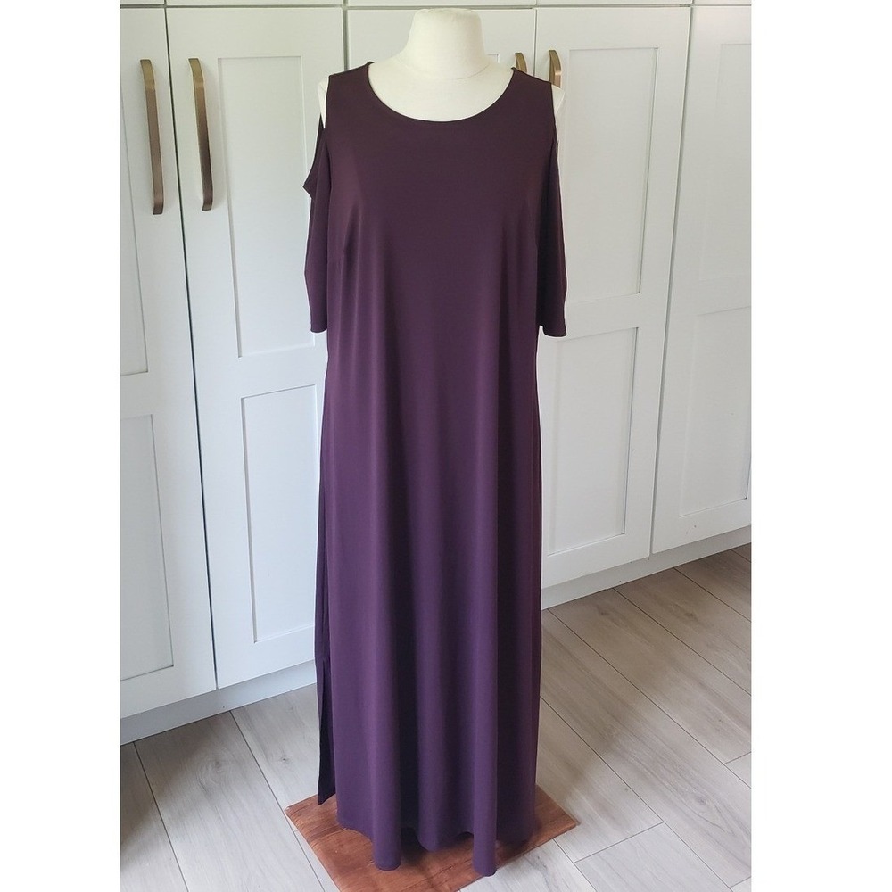 Woman Within Dress Womens M Maroon Maxi Size 14/16 Purple Cold Shoulder Pockets